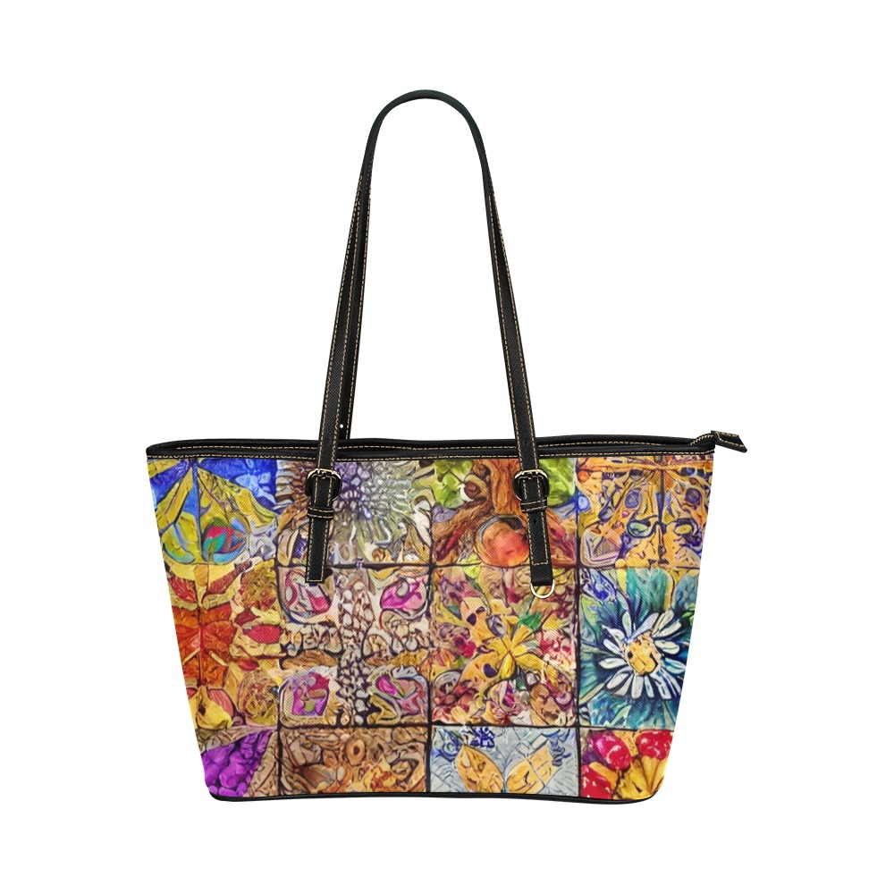 Boho Aesthetic Simulated Quilt Artwork Leather Tote Bag/Large (Model 1651)