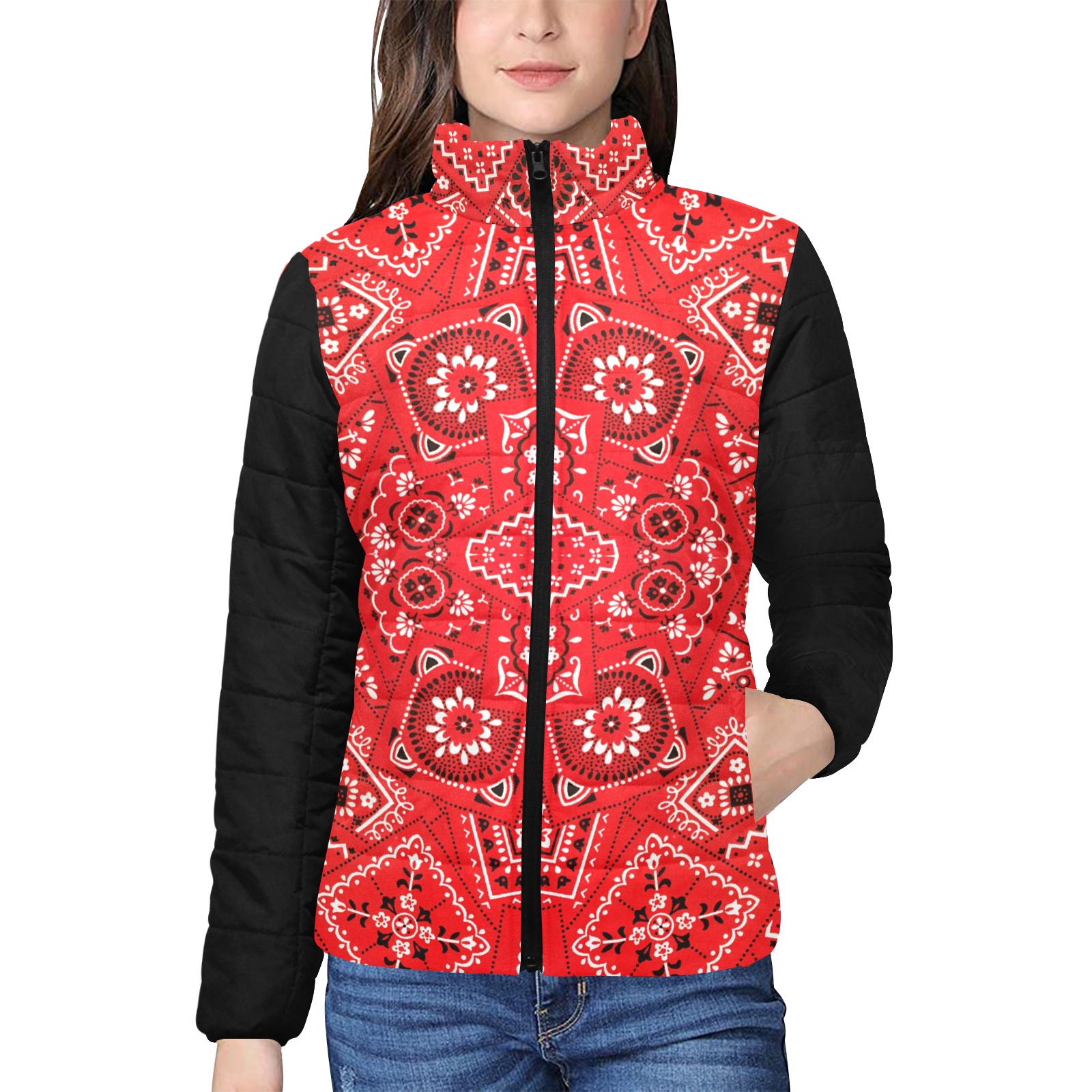 Red Bandana Squares / Black Women's Stand Collar Padded Jacket (Model H41)