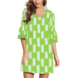 Lime Green with White Brushstrokes Half Sleeves V-Neck Mini Dress (Model D63)