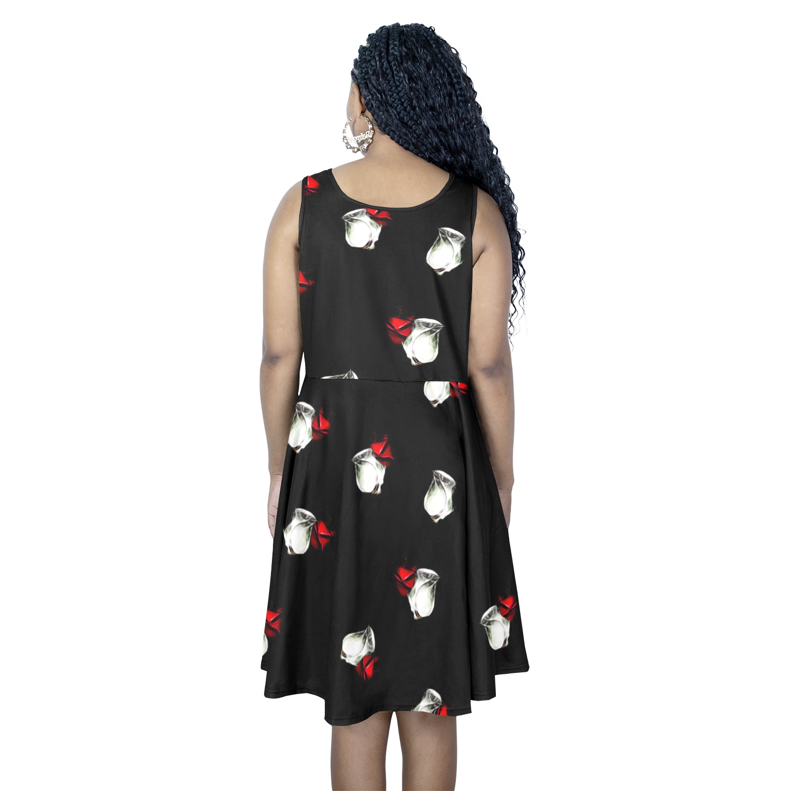 White and Red Roses Sleeveless Expansion Dress (Model D60)