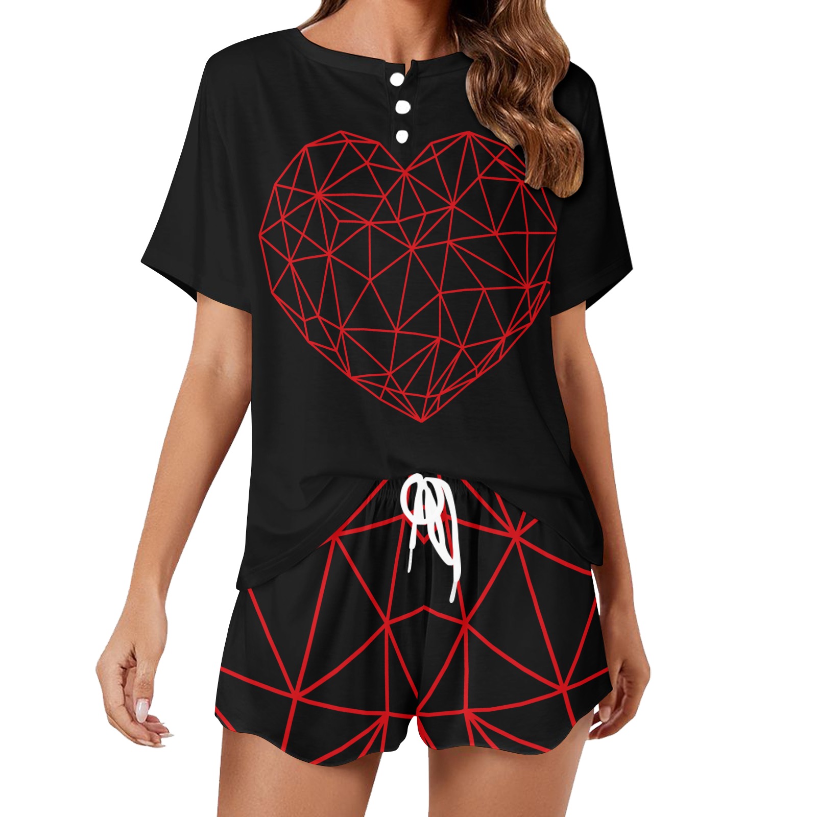 Red Geodesic Heart on Black Women's Mid-Length Shorts Pajama Set