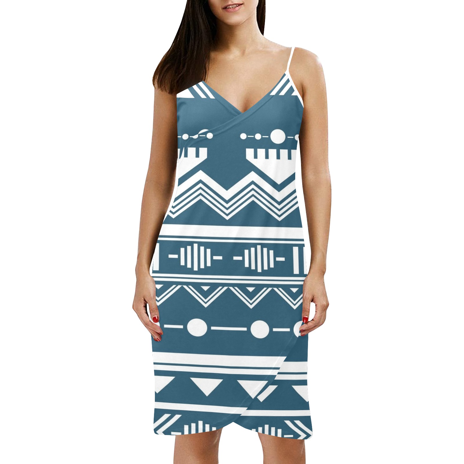 Blue and White Tribal Spaghetti Strap Backless Beach Cover Up Dress (Model D65)