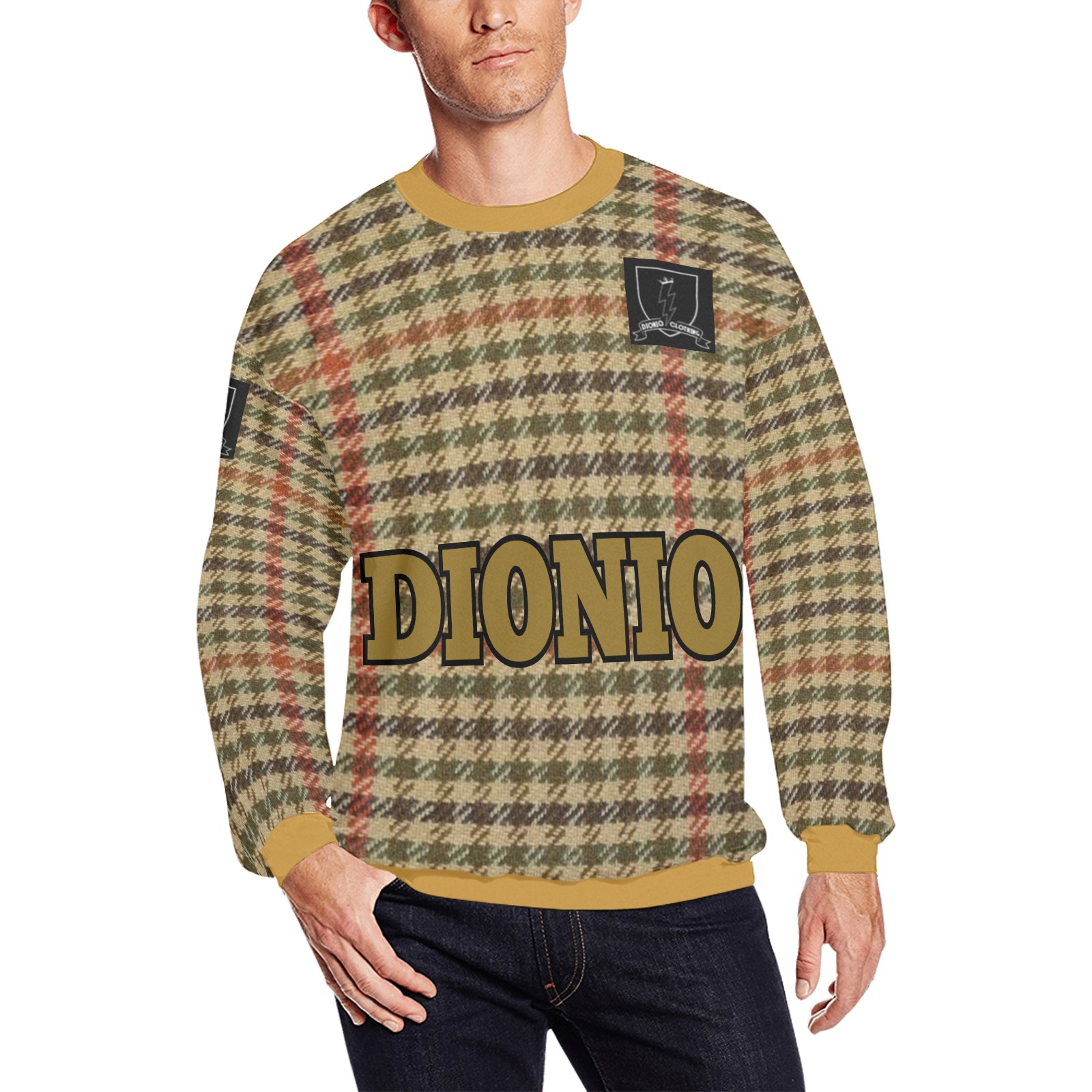 Dionio Clothing - Oversized Tweed Sweat Shirt ( Red Badge, Brown) Men's Oversized Fleece Crew Sweatshirt (Model H18)