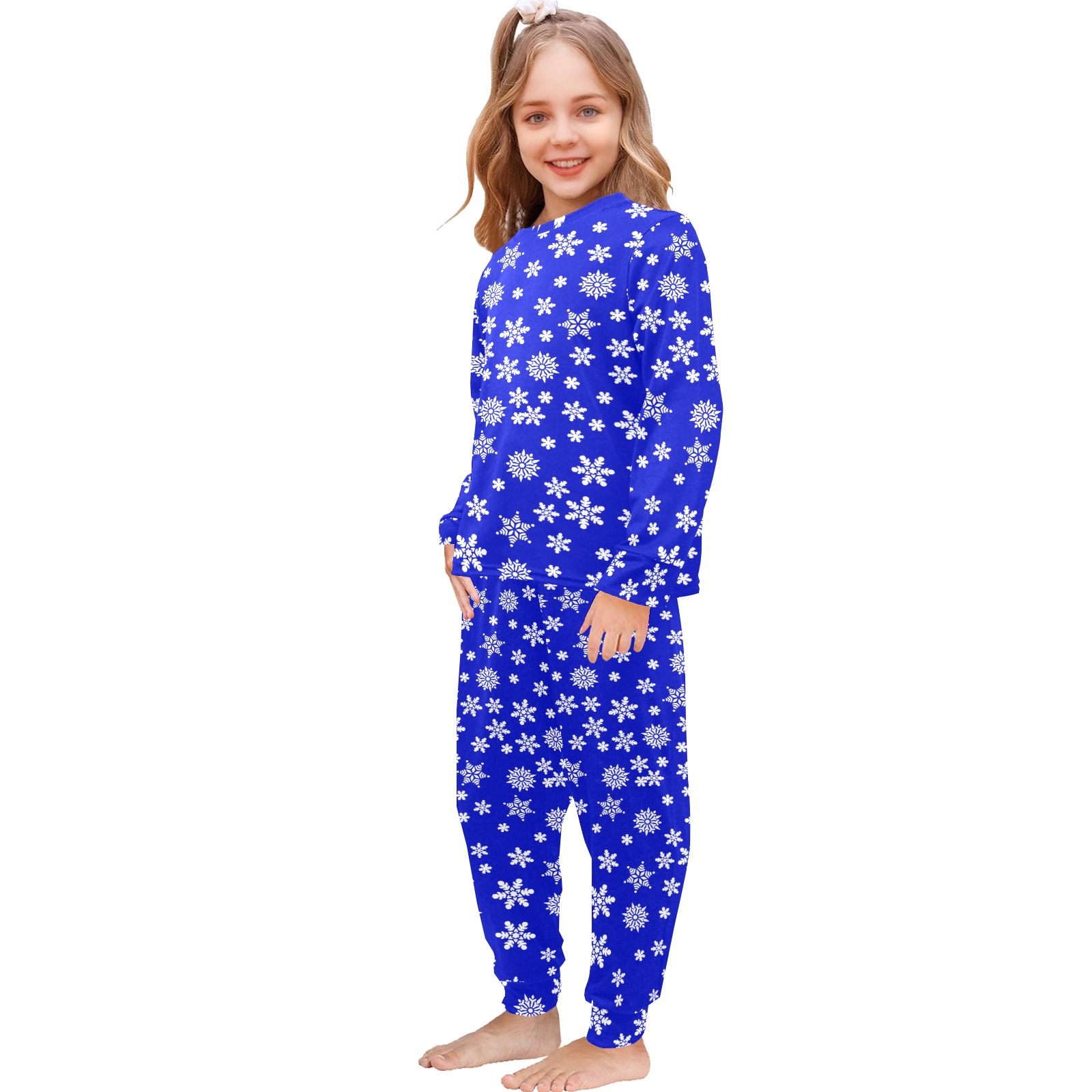Christmas White Snowflakes on Blue Little Girls' Crew Neck Long Pajama Set