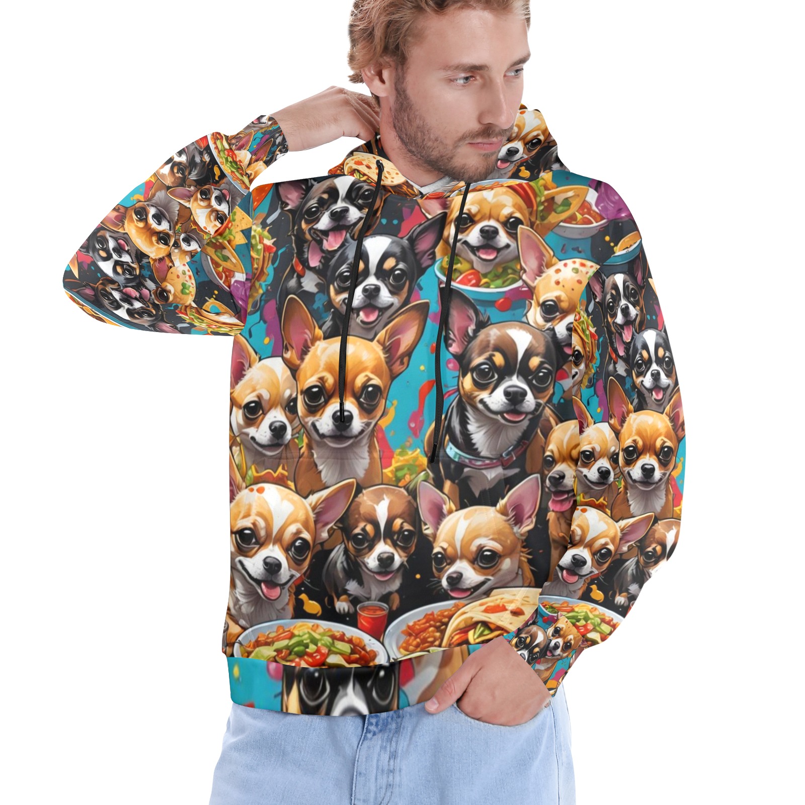 CHIHUAHUAS EATING MEXICAN FOOD 2 Men's All Over Print Hoodie (Model H61)