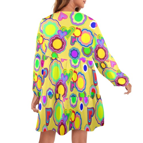Groovy Hearts and Flowers Yellow V-Neck Loose Fit Dress (Model D66)