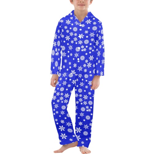 Christmas White Snowflakes on Blue Big Boys' V-Neck Long Pajama Set