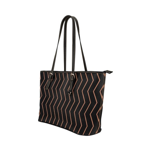 Black tan brown chevron vertical lines pattern Leather Tote Bag/Large (Model 1651)