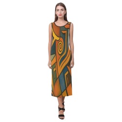Abstract art dress in golds and greens Phaedra Sleeveless Open Fork Long Dress (Model D08)