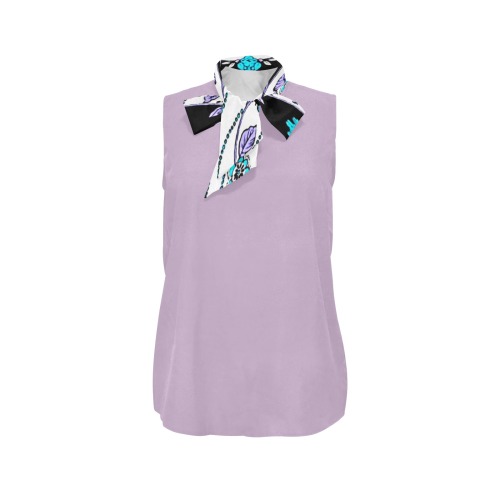 Lavender Turquoise Floral Swirl Pattern Women's Bow Tie V-Neck Sleeveless Shirt (Model T69)