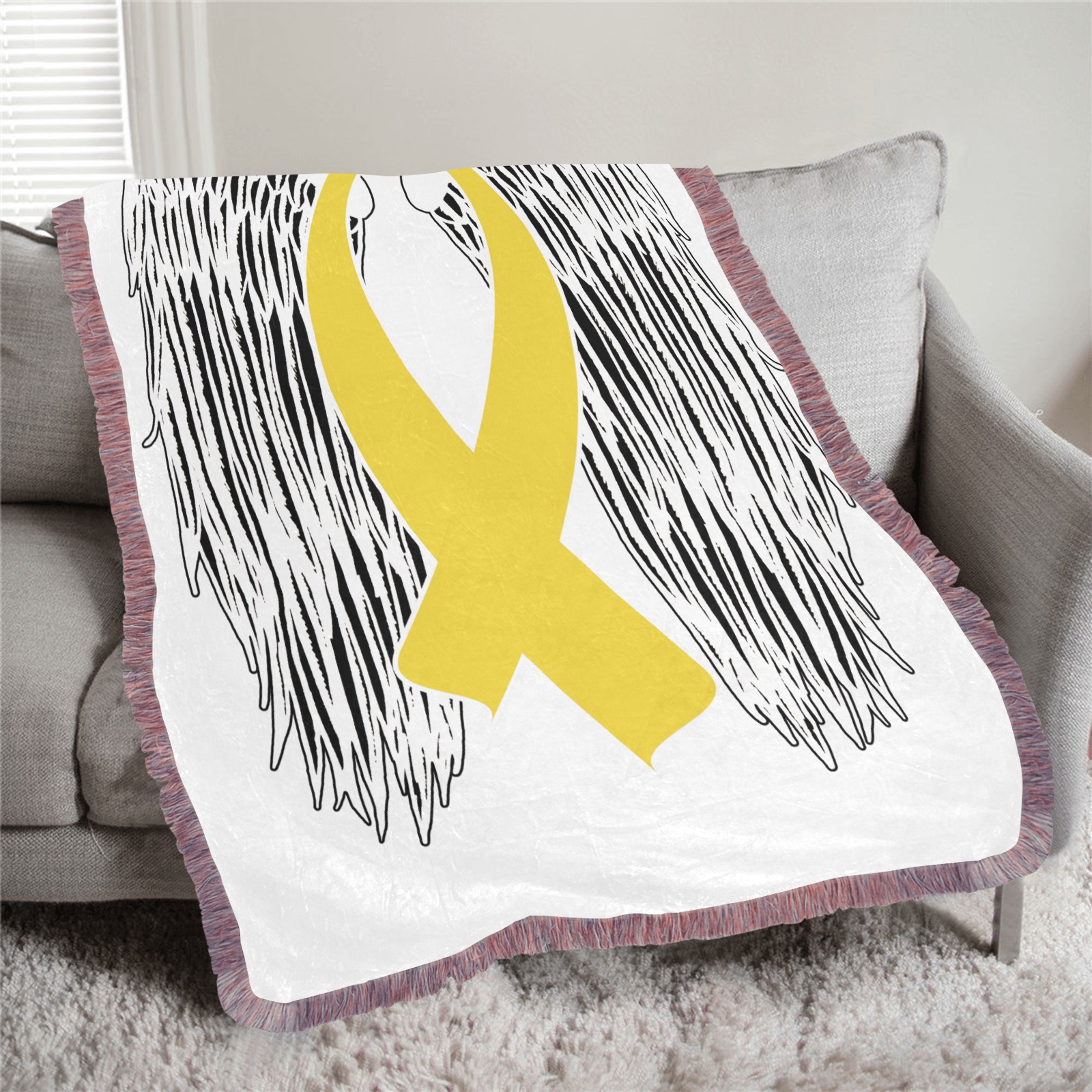 Winged Awareness Ribbon (Gold Ribbon) Ultra-Soft Fringe Blanket 30"x40" (Mixed Pink)