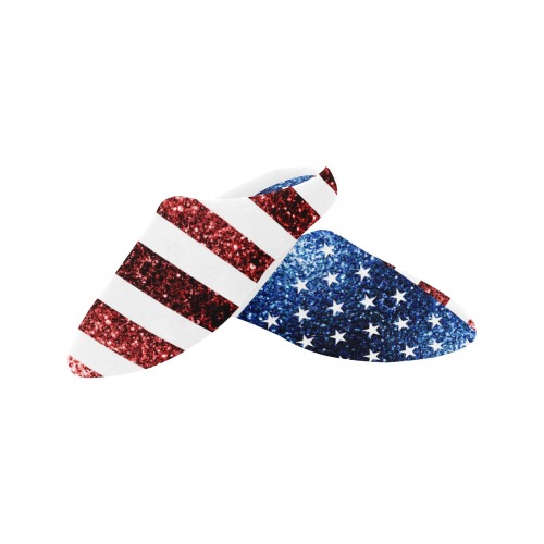 Sparkly USA flag America Red White Blue faux Sparkles patriotic bling 4th of July Women's Non-Slip Cotton Slippers (Model 0602)