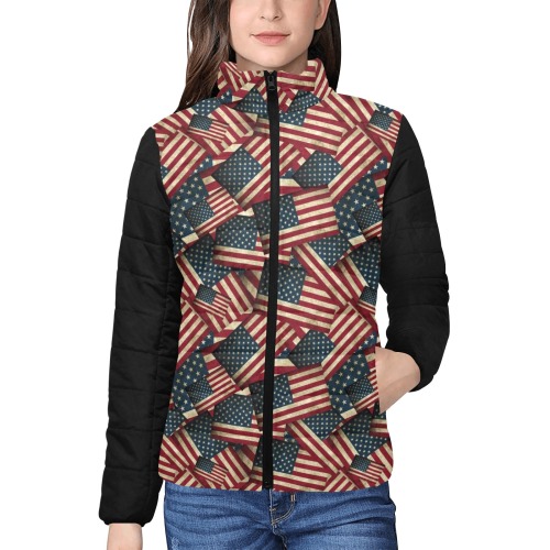 Patriotic USA American Flag Art Vest Style Women's Stand Collar Padded Jacket (Model H41)