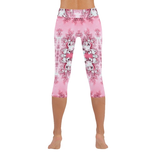 Pink Rose Garden Frost Fractal Women's Low Rise Capri Leggings (Invisible Stitch) (Model L08)