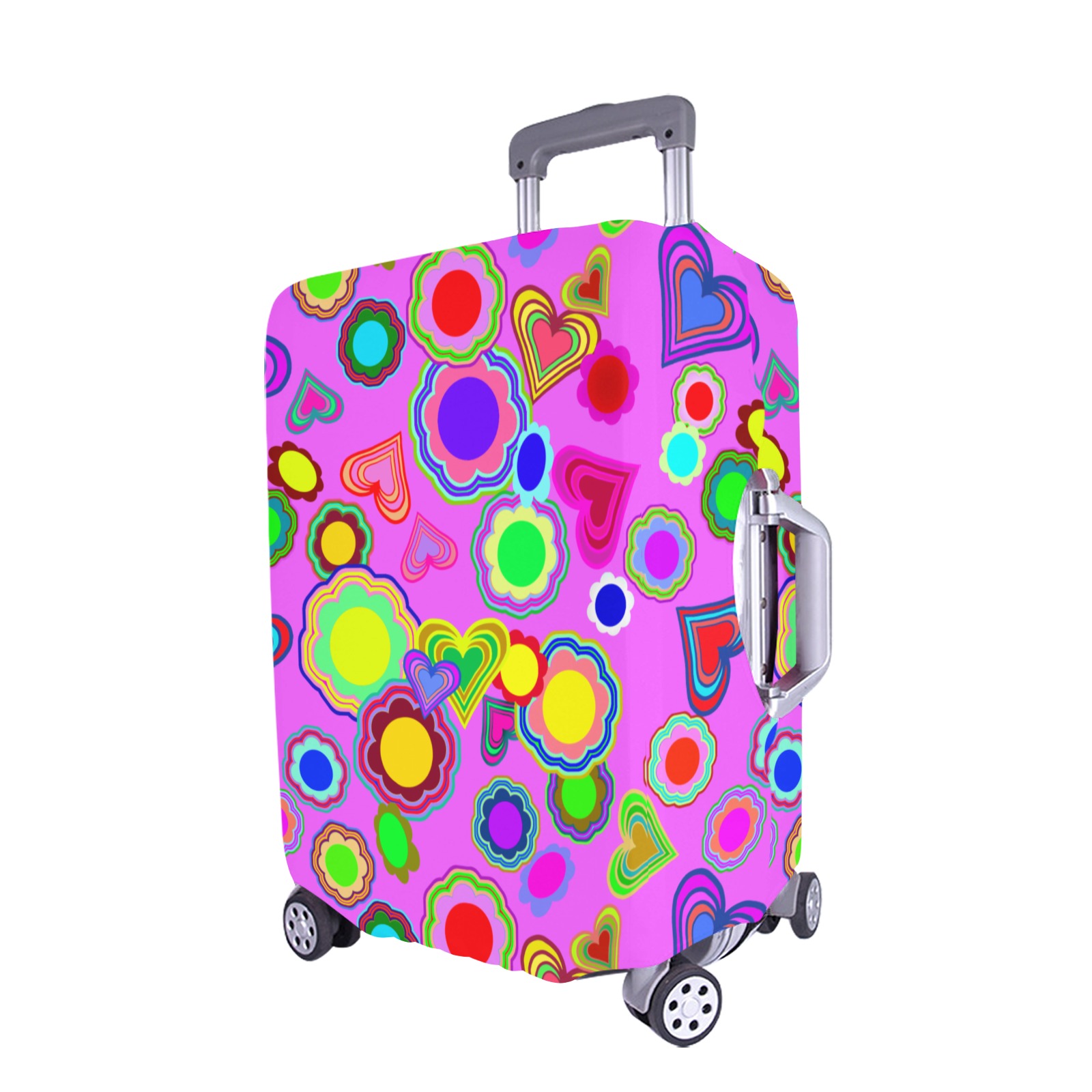 Groovy Hearts and Flowers Pink Luggage Cover/Extra Large 28"-30"