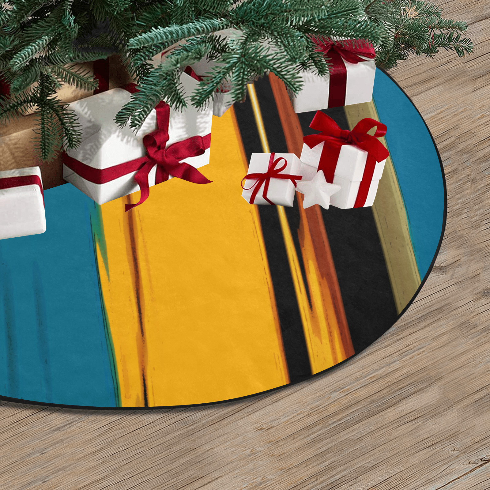 Black Turquoise And Orange Go! Abstract Art Thick Christmas Tree Skirt 30" x 30"