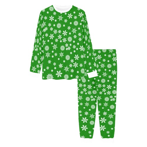 Christmas White Snowflakes on Green Men's All Over Print Pajama Set