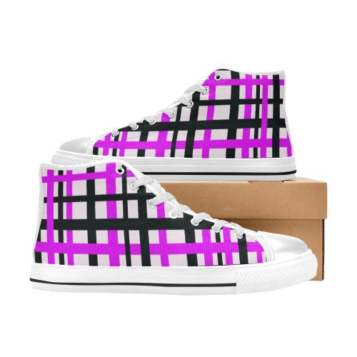 Interlocking Stripes Black White Pink High Top Canvas Shoes for Kid (Model 017)