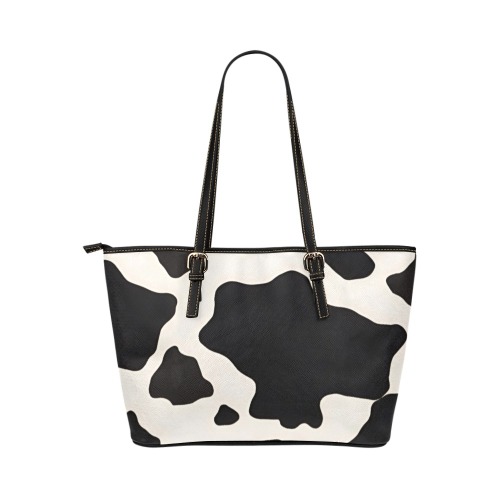 Black/White Moo Print Leather Tote Bag/Large (Model 1651)