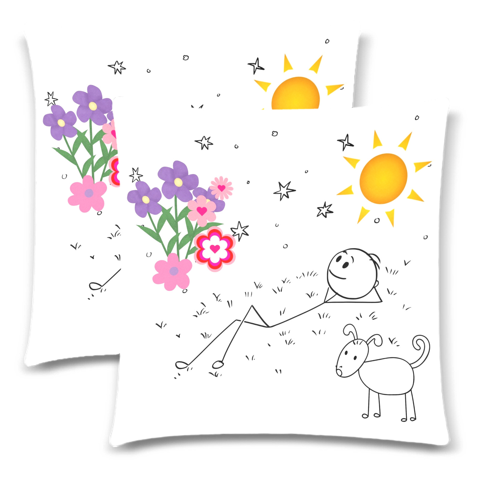 Happy Daze Folk Art Stick Man With Sun and Flowers and Dog Custom Zippered Pillow Cases 18"x 18" (Twin Sides) (Set of 2)