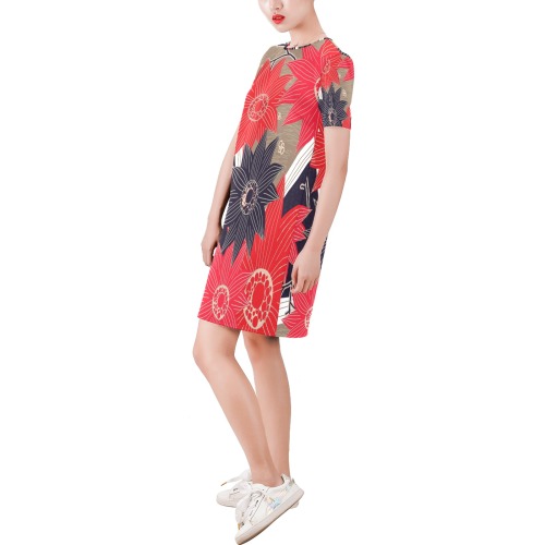vestido recto tokio Short-Sleeve Round Neck A-Line Dress (Model D47)