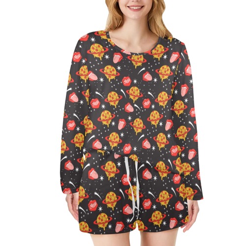 I like pizza space Women's Long Sleeve Scoop Neck Short Pajama Set