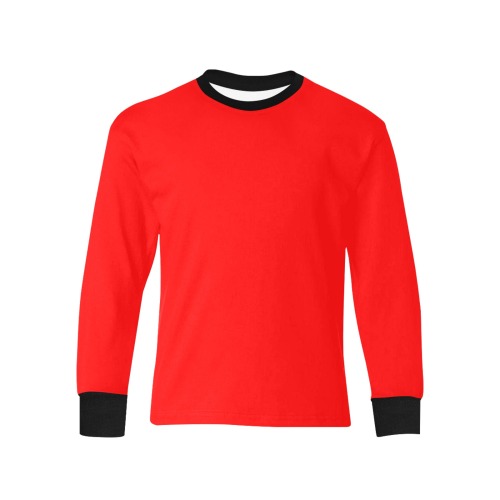 Merry Christmas Red Solid Color Kids' Rib Cuff Long Sleeve T-shirt (Model T64)