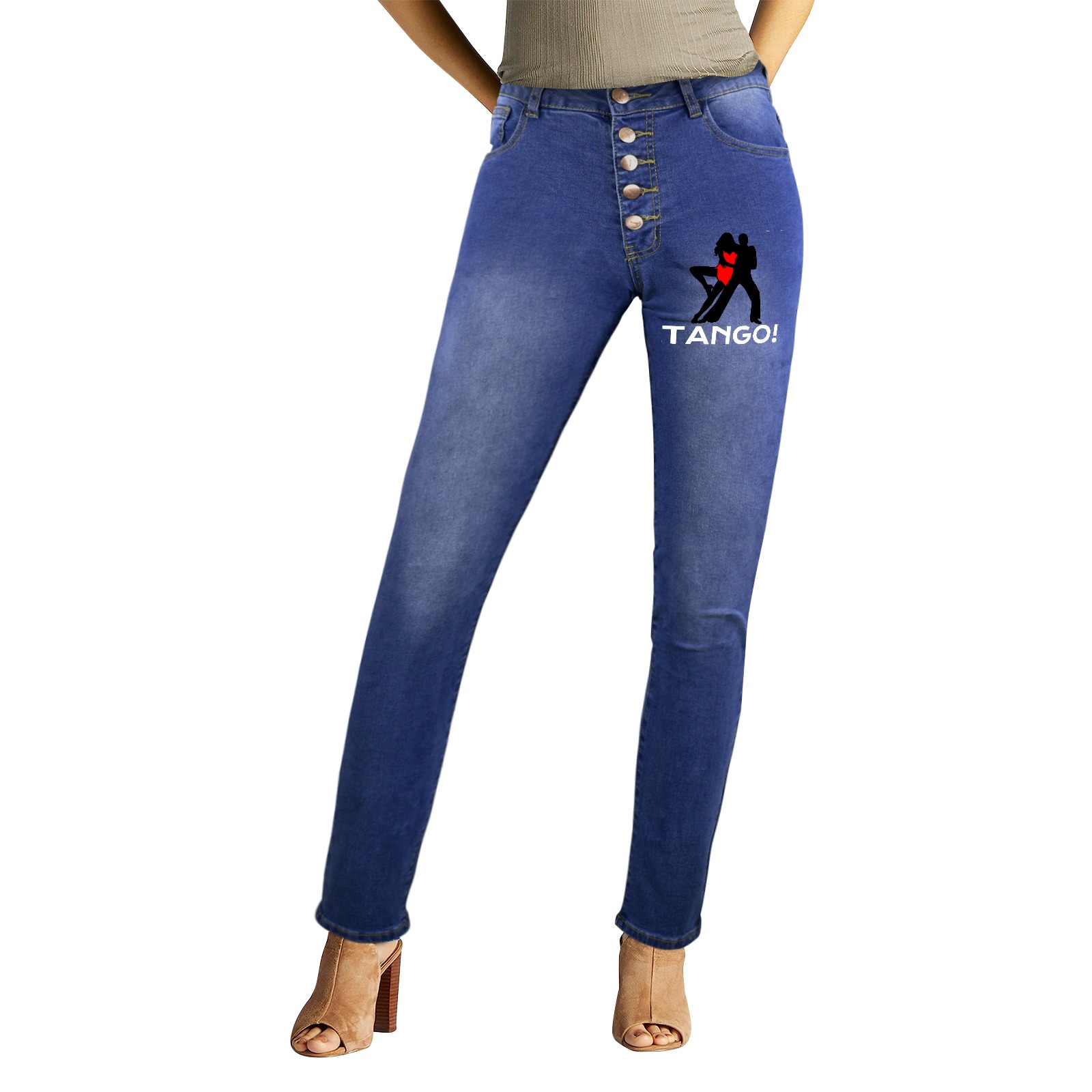 Tango white text and black silhouettes of dancers. Women's Jeans (Front&Back Printing)