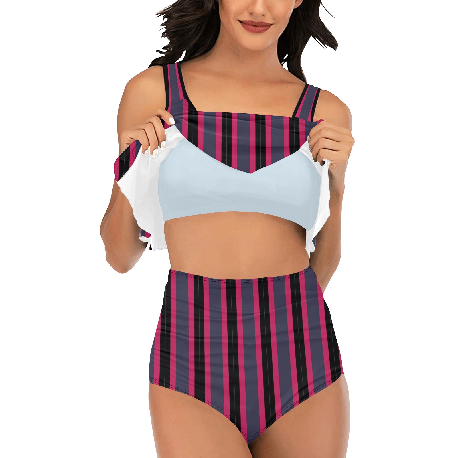 Pink BLue and Black Stripes High Waisted Flounce Bikini Set (Model S24)