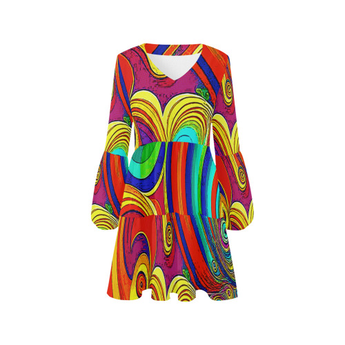 Colorful Groovy Rainbow Swirls V-Neck Loose Fit Dress (Model D62)