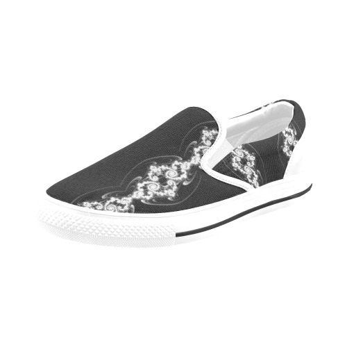 White Lace on Black Velvet Fractal Abstract Women's Slip-on Canvas Shoes (Model 019)