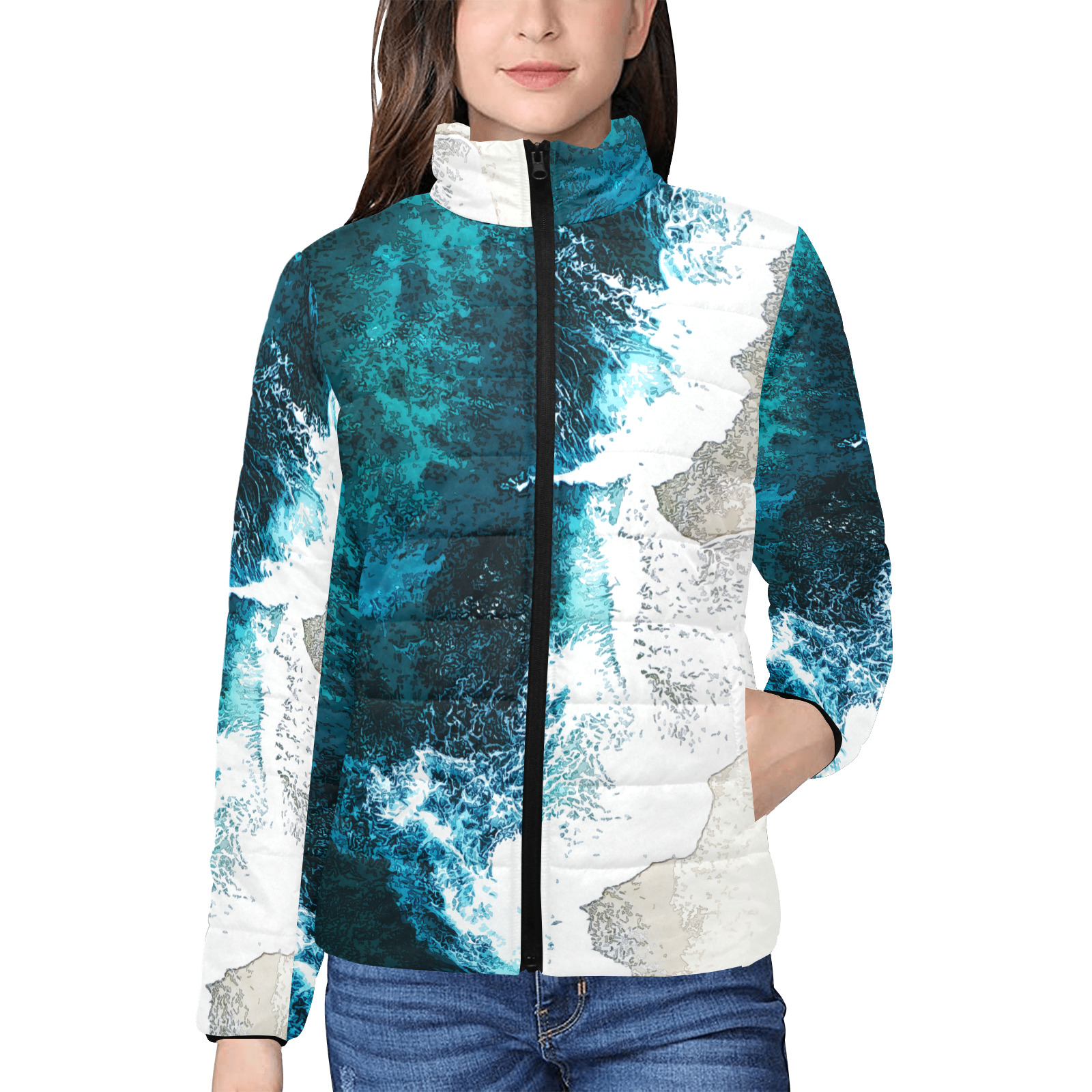 Ocean And Beach Women's Stand Collar Padded Jacket (Model H41)