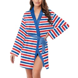 Red White and Blue Stripes Women's Long Sleeve Belted Night Robe
