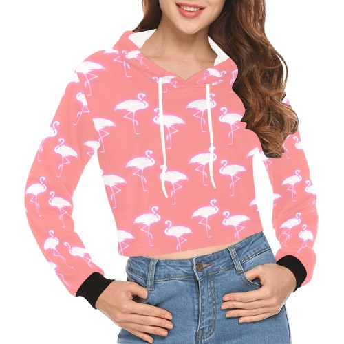 Flamingos Pattern Coral and White All Over Print Crop Hoodie for Women (Model H22)