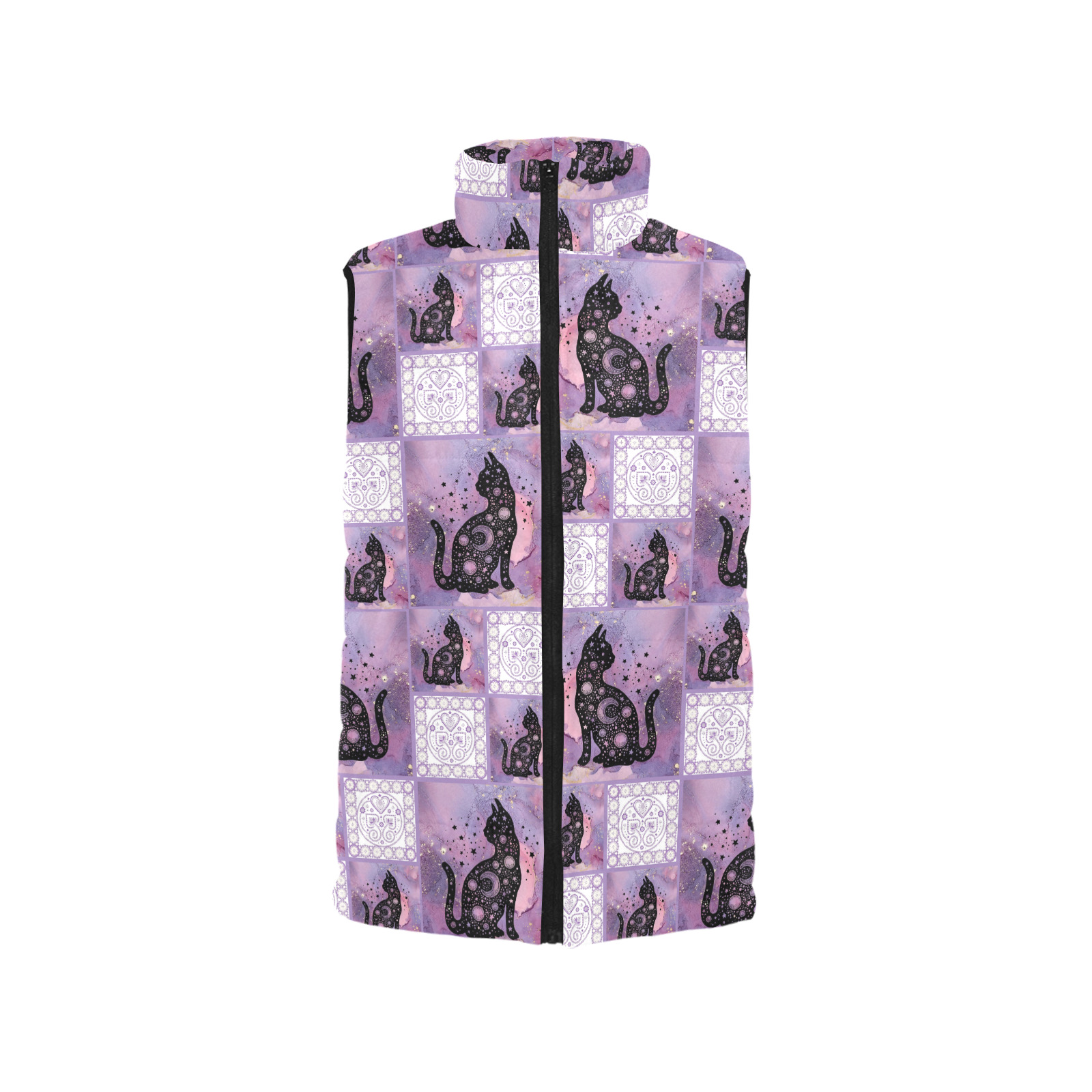 Purple Cosmic Cats Patchwork Pattern Women's Padded Vest Jacket (Model H44)