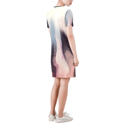 Digital liquid painting 23 Short-Sleeve Round Neck A-Line Dress (Model D47)