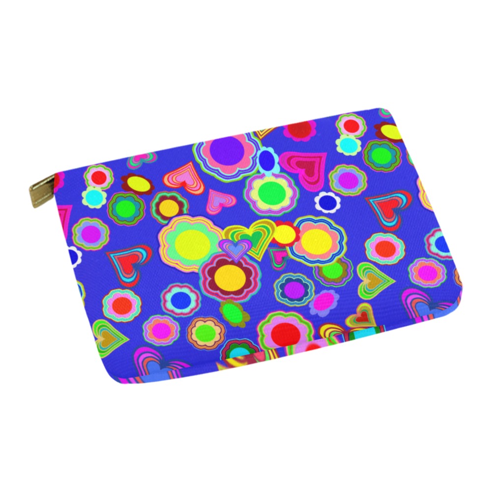 Groovy Hearts and Flowers Blue Carry-All Pouch 12.5''x8.5''