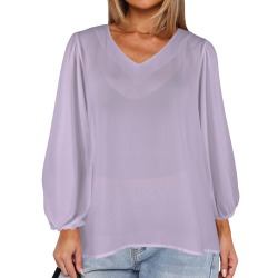 Orchid Bloom Women's Loose V-Neck Long Puff Sleeve Top (Model H70)