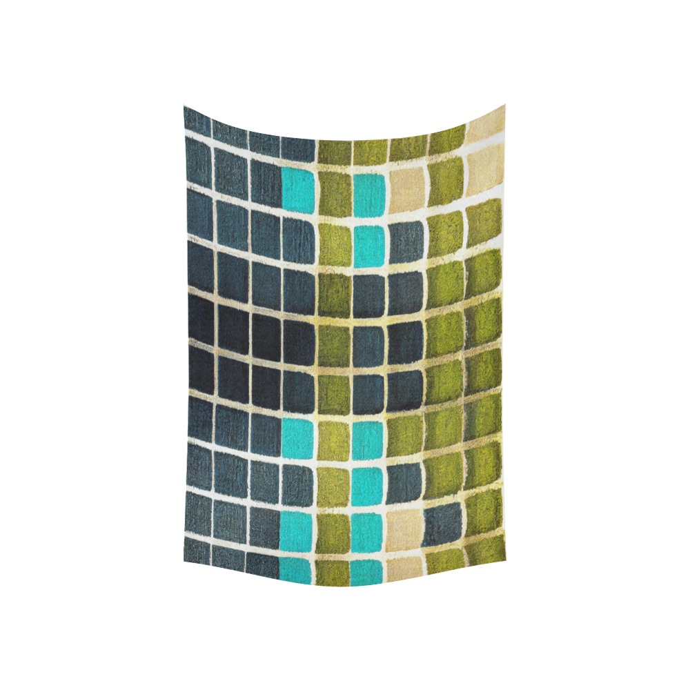 abstract squares, green, sand Cotton Linen Wall Tapestry 60"x 40"