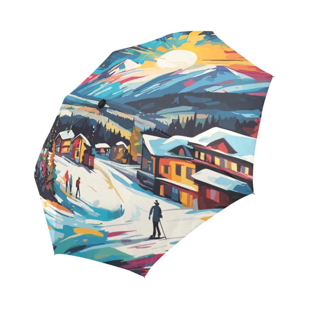 Sunset over the mountain village skiing theme Auto-Foldable Umbrella (Model U04)