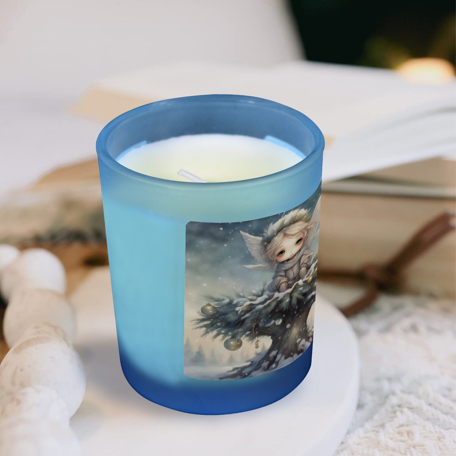 Little Christmas Angel Blue Glass Candle Cup (Wood Sage & Sea Salt)