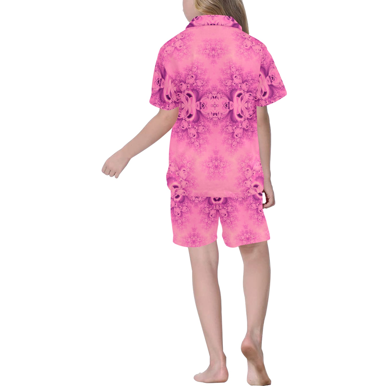 Pink Morning Frost Fractal Big Girls' V-Neck Short Pajama Set
