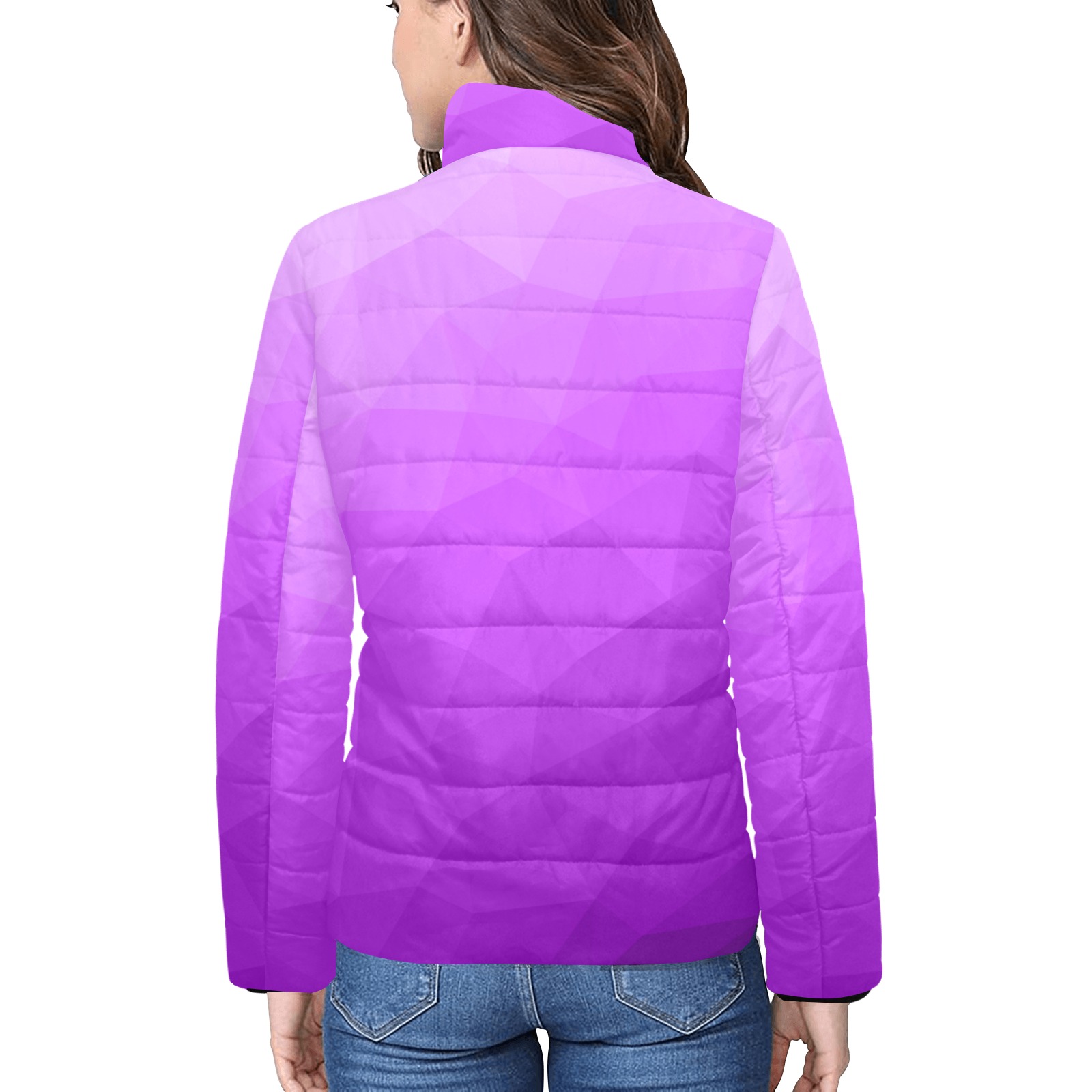 Purple gradient geometric mesh pattern Women's Stand Collar Padded Jacket (Model H41)