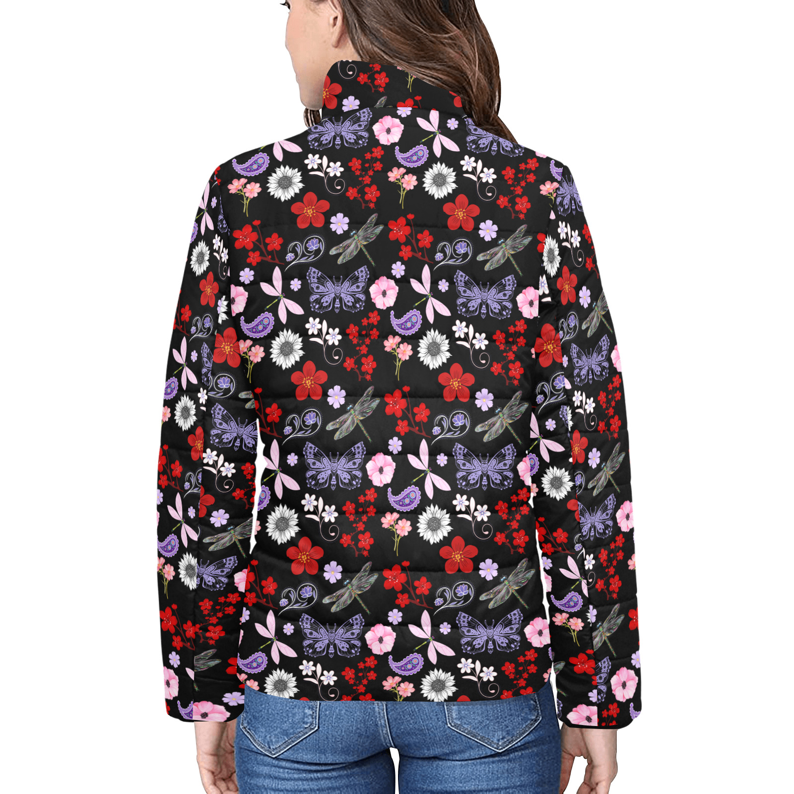 Black, Red, Pink, Purple, Dragonflies, Butterfly and Flowers Design Women's Stand Collar Padded Jacket (Model H41)