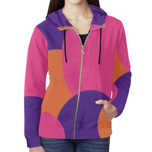 Orange, Purple and Hot Pink Polka Dots All Over Print Full Zip Hoodie for Women (Model H14)