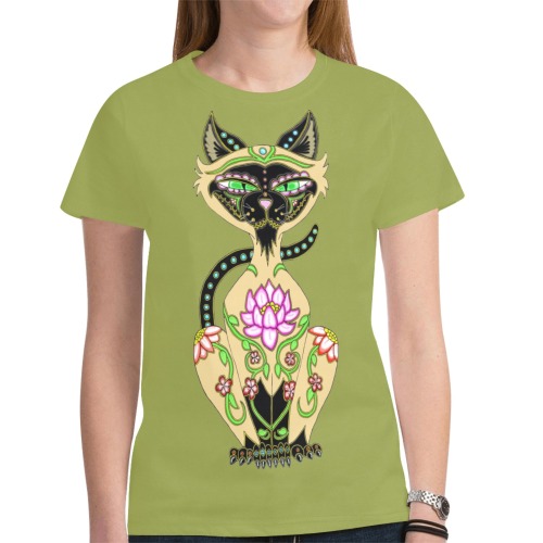 Siamese Cat Sugar Skull Olive Green New All Over Print T-shirt for Women (Model T45)