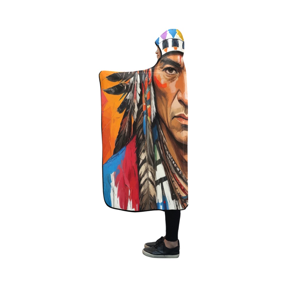 Native American chief in feathered headdress art. Hooded Blanket 50''x40''