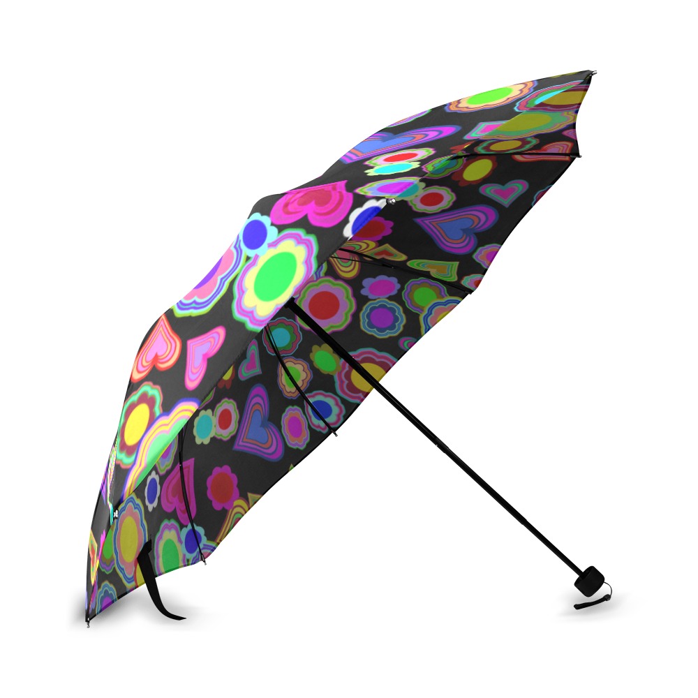 Groovy Hearts and Flowers Black Foldable Umbrella (Model U01)