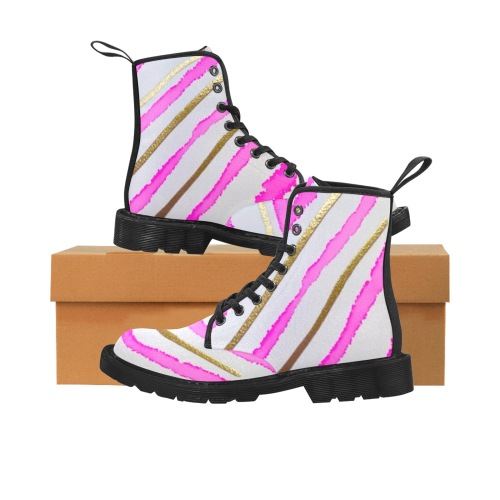 white, pink, and gold stripes Martin Boots for Women (Black) (Model 1203H)