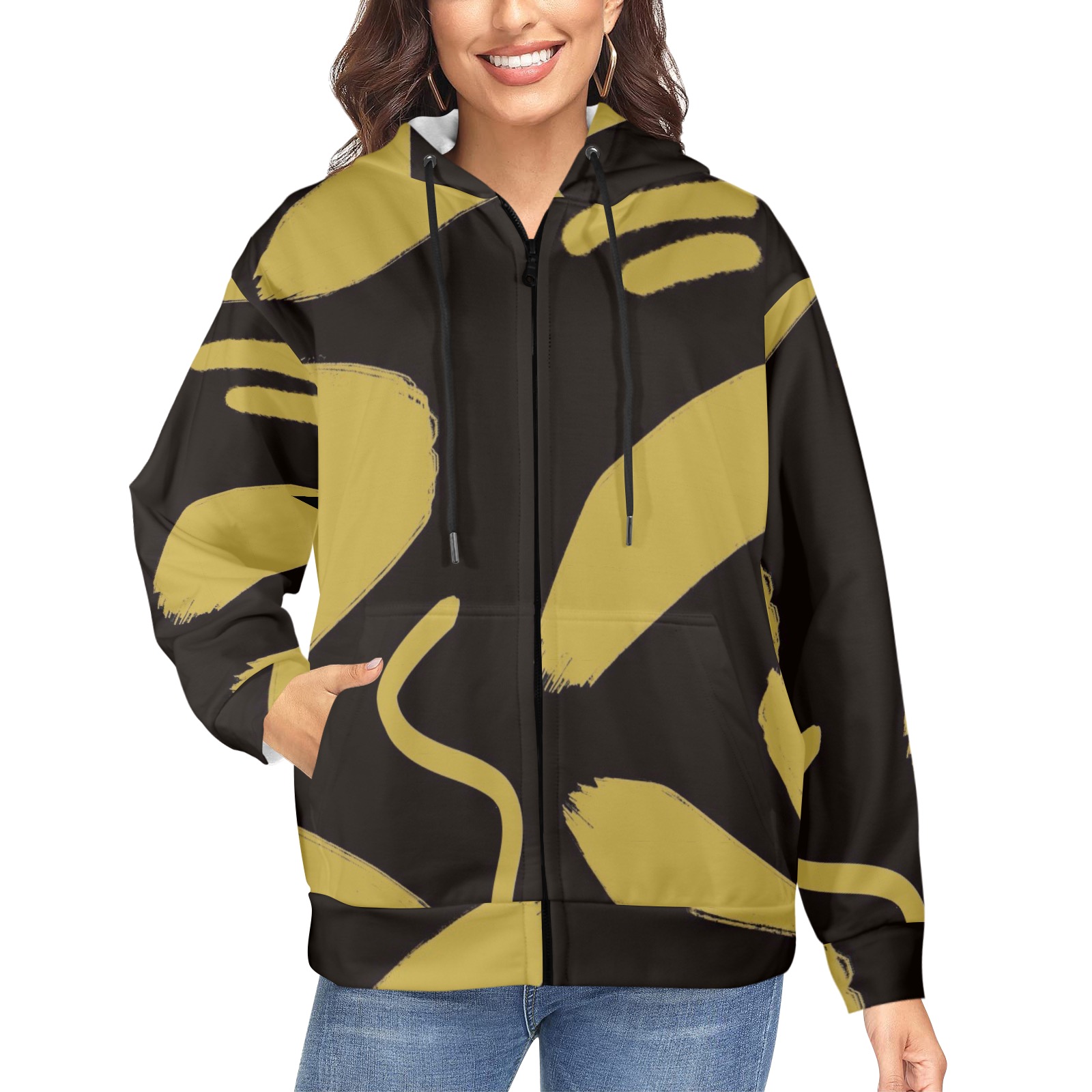 Tribal Black and Gold Women's Fleece Full-Zip Hoodie (Model H60)